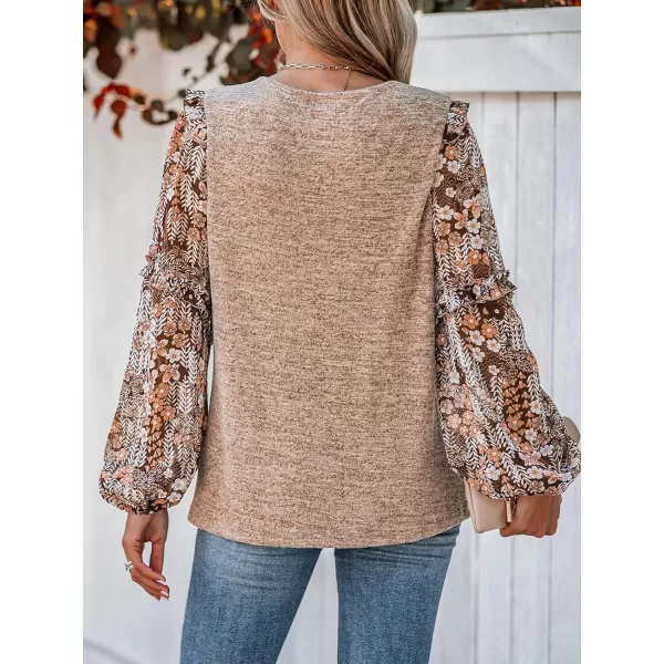 imageCUPSHE Women Blouses Floral Print Marled Knit Top Crew Neck Long Sleeves ShirtsBrown