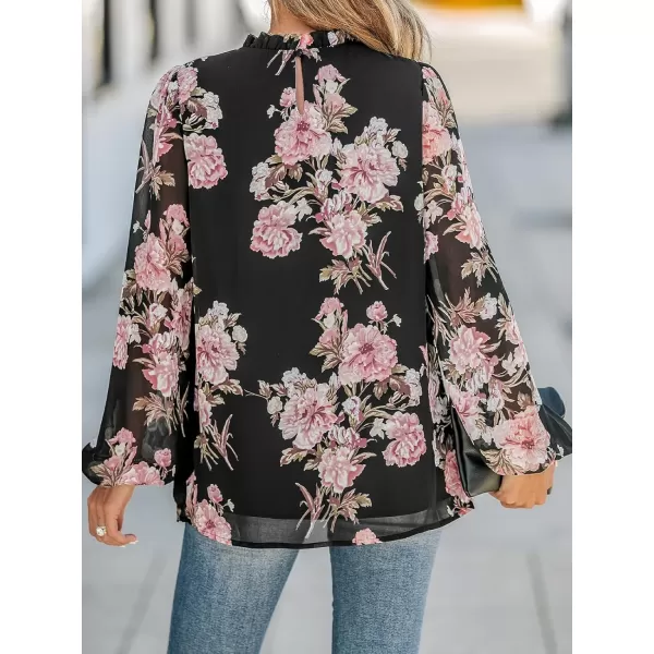 imageCUPSHE Women Blouses Floral Print Peasant Sleeve Top Mock Neck Long Sleeves ShirtsBlack