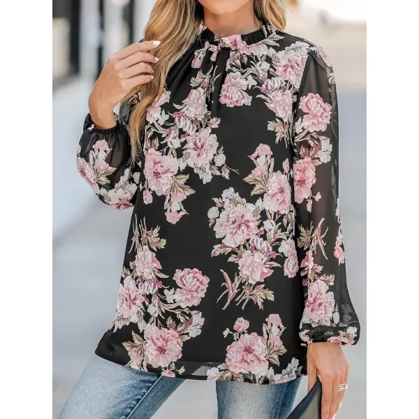 imageCUPSHE Women Blouses Floral Print Peasant Sleeve Top Mock Neck Long Sleeves ShirtsBlack