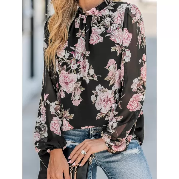 imageCUPSHE Women Blouses Floral Print Peasant Sleeve Top Mock Neck Long Sleeves ShirtsBlack