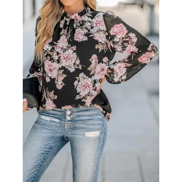 imageCUPSHE Women Blouses Floral Print Peasant Sleeve Top Mock Neck Long Sleeves ShirtsBlack