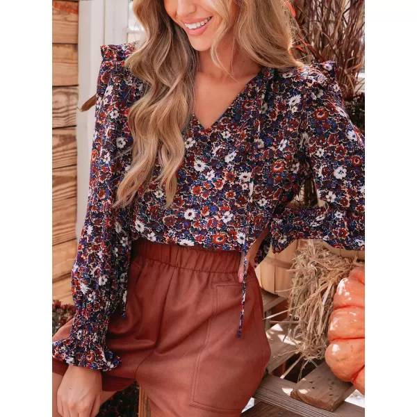 imageCUPSHE Women Blouses Floral Print Ruffled Tie Neck Tops VNeck Long Sleeves ShirtsBlack