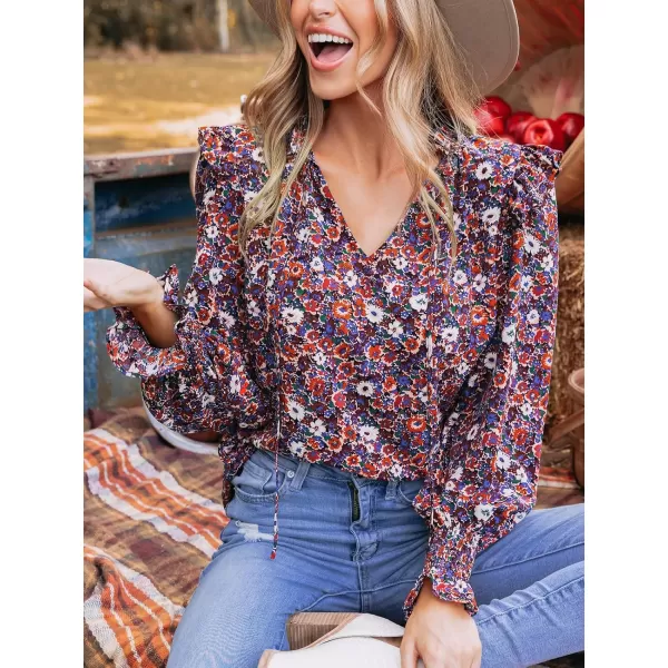 imageCUPSHE Women Blouses Floral Print Ruffled Tie Neck Tops VNeck Long Sleeves ShirtsBlack