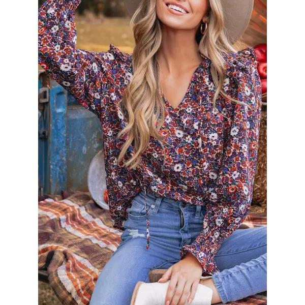 imageCUPSHE Women Blouses Floral Print Ruffled Tie Neck Tops VNeck Long Sleeves ShirtsBlack