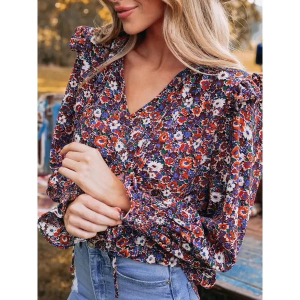 imageCUPSHE Women Blouses Floral Print Ruffled Tie Neck Tops VNeck Long Sleeves ShirtsBlack