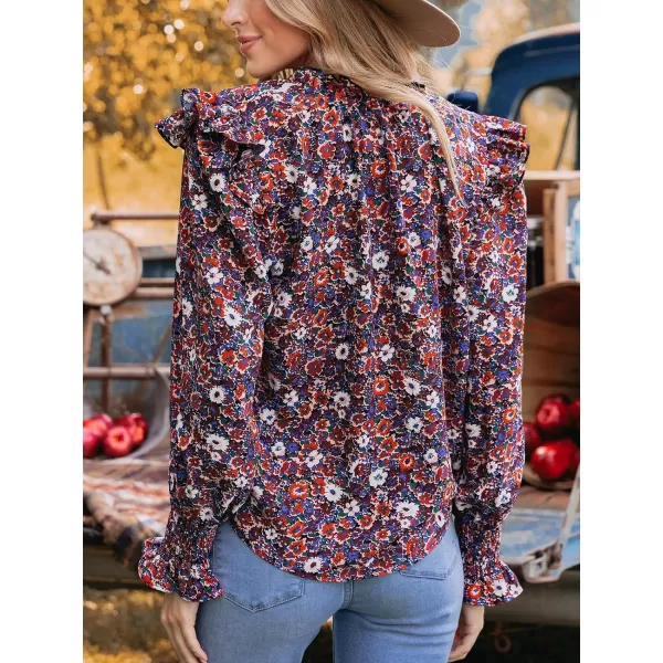 imageCUPSHE Women Blouses Floral Print Ruffled Tie Neck Tops VNeck Long Sleeves ShirtsBlack