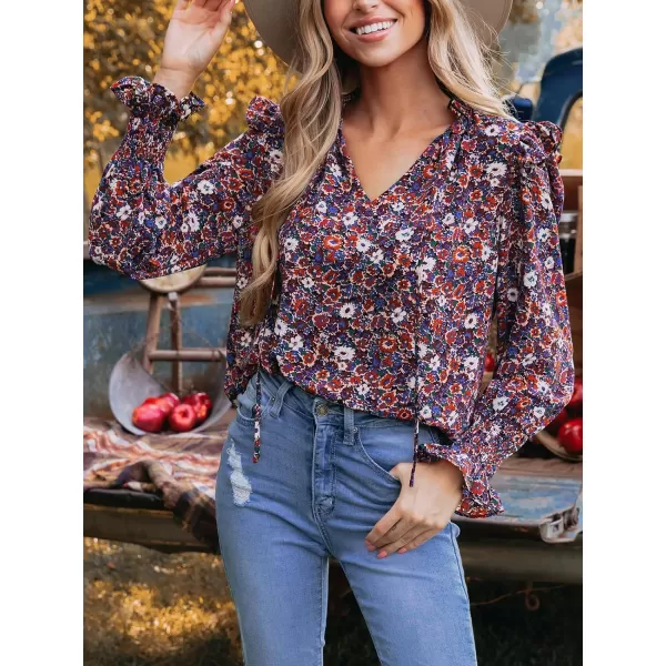 imageCUPSHE Women Blouses Floral Print Ruffled Tie Neck Tops VNeck Long Sleeves ShirtsBlack