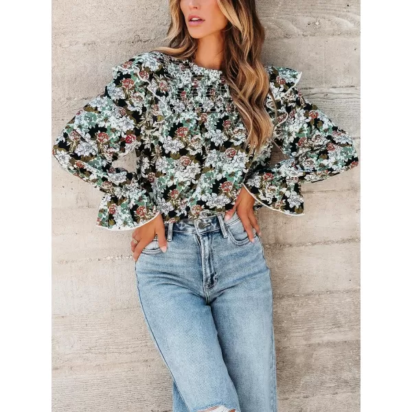 imageCUPSHE Women Blouses Floral Print Smocked Trumpet Sleeve Tops Long Sleeves ShirtsBlack