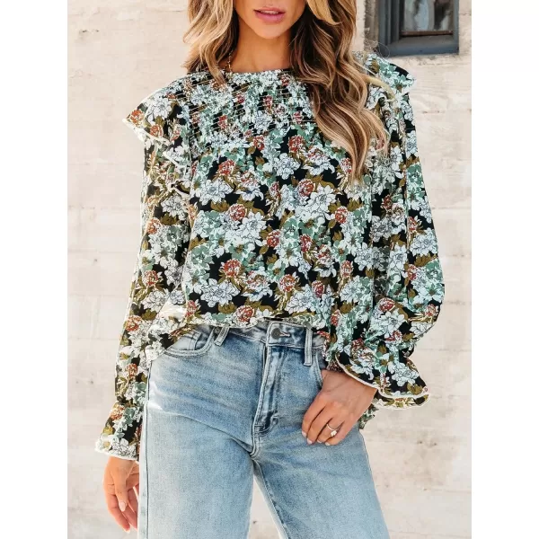 imageCUPSHE Women Blouses Floral Print Smocked Trumpet Sleeve Tops Long Sleeves ShirtsBlack