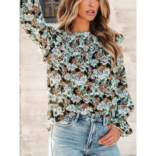 imageCUPSHE Women Blouses Floral Print Smocked Trumpet Sleeve Tops Long Sleeves ShirtsBlack