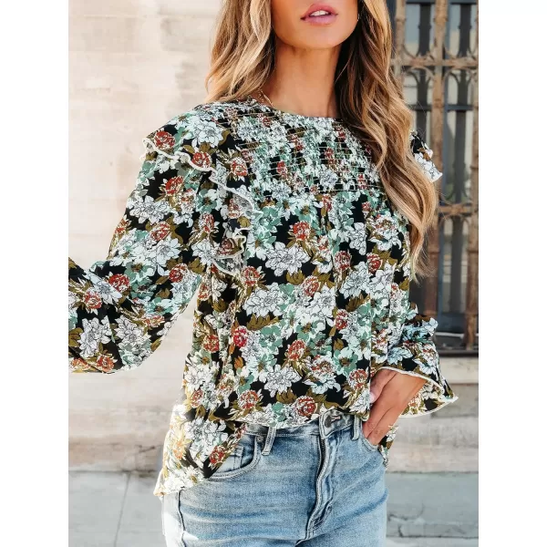 imageCUPSHE Women Blouses Floral Print Smocked Trumpet Sleeve Tops Long Sleeves ShirtsBlack