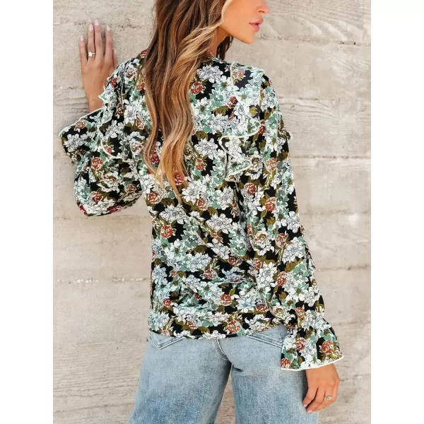 imageCUPSHE Women Blouses Floral Print Smocked Trumpet Sleeve Tops Long Sleeves ShirtsBlack