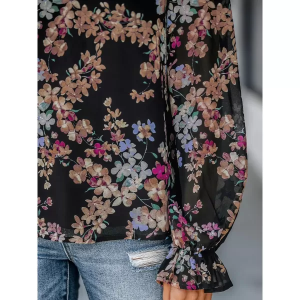 imageCUPSHE Women Blouses Floral Print VNeck Tops Trumpet Long Sleeves ShirtsBlack