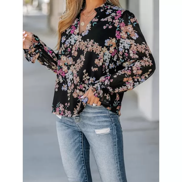 imageCUPSHE Women Blouses Floral Print VNeck Tops Trumpet Long Sleeves ShirtsBlack