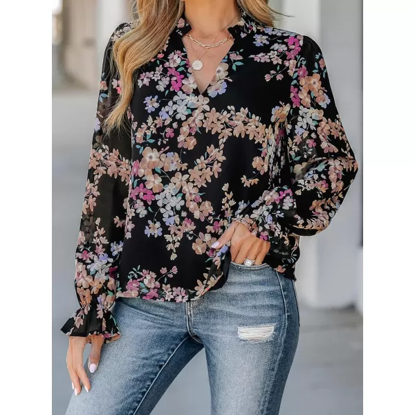 imageCUPSHE Women Blouses Floral Print VNeck Tops Trumpet Long Sleeves ShirtsBlack