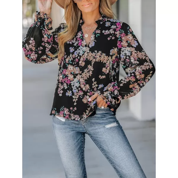 imageCUPSHE Women Blouses Floral Print VNeck Tops Trumpet Long Sleeves ShirtsBlack