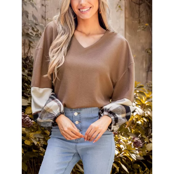 imageCUPSHE Women Blouses Gingham Long Sleeve Pullover Top VNeck Tee Ballon Sleeves Blouses CasualBrown