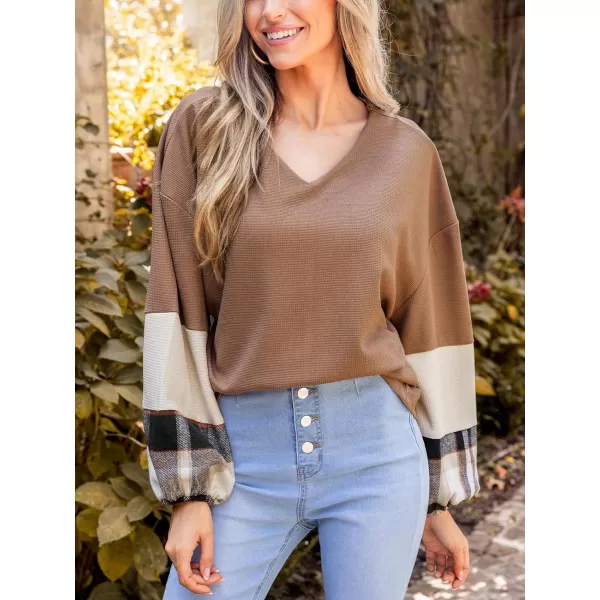 imageCUPSHE Women Blouses Gingham Long Sleeve Pullover Top VNeck Tee Ballon Sleeves Blouses CasualBrown