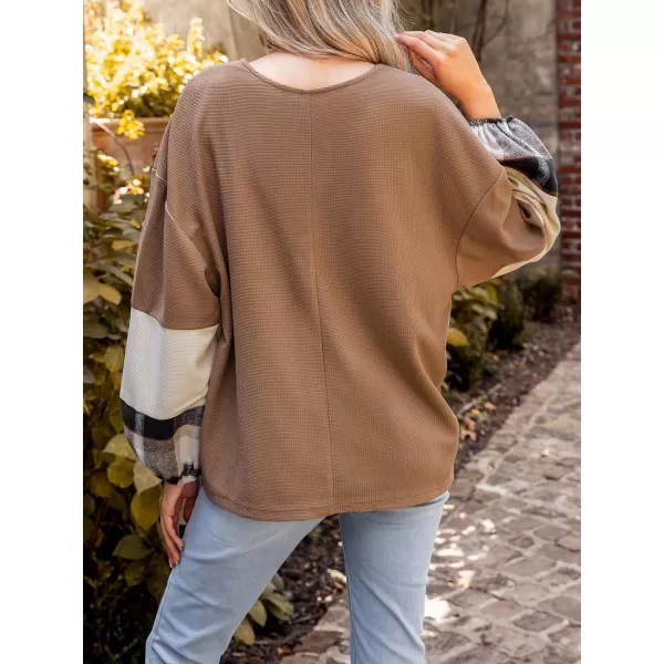 imageCUPSHE Women Blouses Gingham Long Sleeve Pullover Top VNeck Tee Ballon Sleeves Blouses CasualBrown