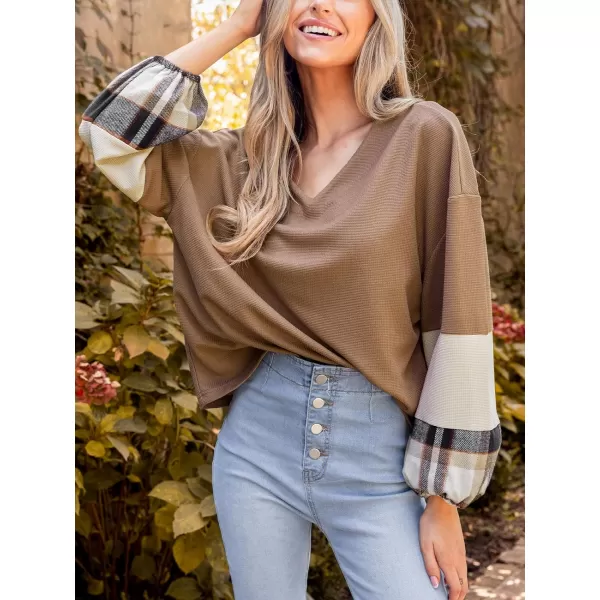 imageCUPSHE Women Blouses Gingham Long Sleeve Pullover Top VNeck Tee Ballon Sleeves Blouses CasualBrown