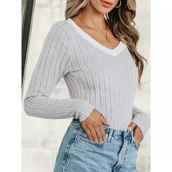 imageCUPSHE Women Blouses Heathered Ribbed VNeck Tee Tops Long Sleeves ShirtsGrey