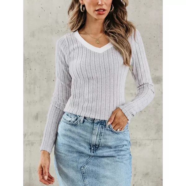 imageCUPSHE Women Blouses Heathered Ribbed VNeck Tee Tops Long Sleeves ShirtsGrey