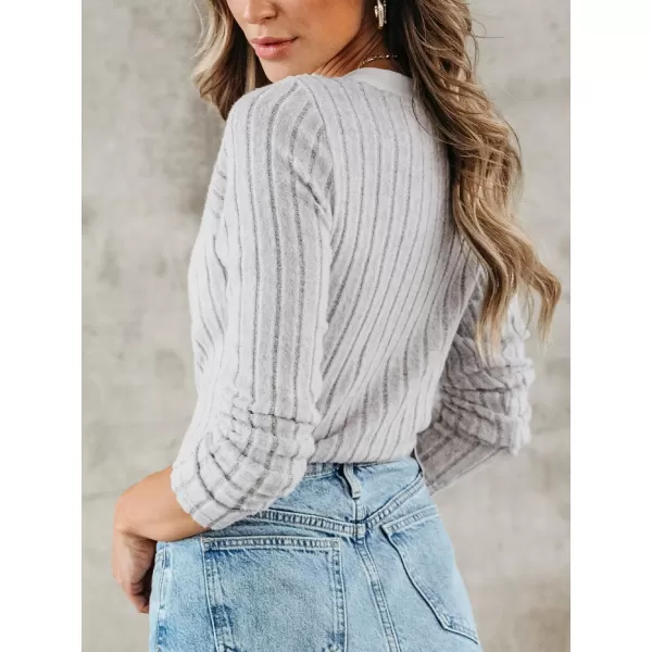 imageCUPSHE Women Blouses Heathered Ribbed VNeck Tee Tops Long Sleeves ShirtsGrey
