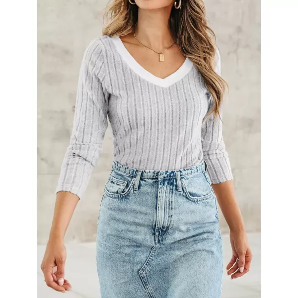 imageCUPSHE Women Blouses Heathered Ribbed VNeck Tee Tops Long Sleeves ShirtsGrey