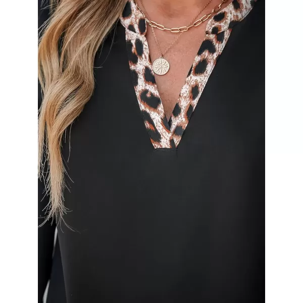 imageCUPSHE Women Blouses Leopard Print Trim Tops VNeck Long Sleeves ShirtsBlack