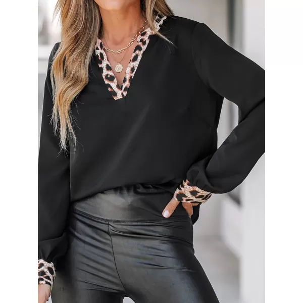 imageCUPSHE Women Blouses Leopard Print Trim Tops VNeck Long Sleeves ShirtsBlack
