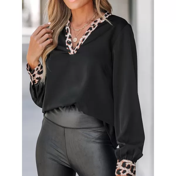 imageCUPSHE Women Blouses Leopard Print Trim Tops VNeck Long Sleeves ShirtsBlack