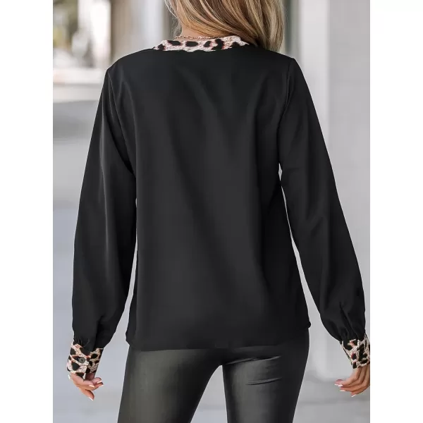 imageCUPSHE Women Blouses Leopard Print Trim Tops VNeck Long Sleeves ShirtsBlack
