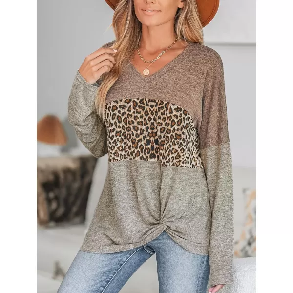 imageCUPSHE Women Blouses Leopard Print TwistedHem Top VNeck Tee Long Sleeves Blouse CasualBrown