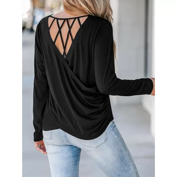 imageCUPSHE Women Blouses Marled Knit Caged Back Tee Crew Neck Long Sleeves ShirtsBlack