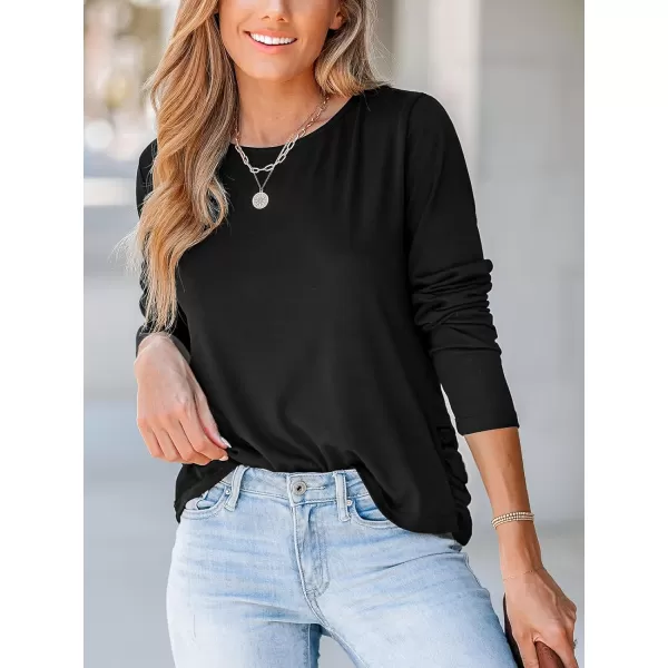 imageCUPSHE Women Blouses Marled Knit Caged Back Tee Crew Neck Long Sleeves ShirtsBlack