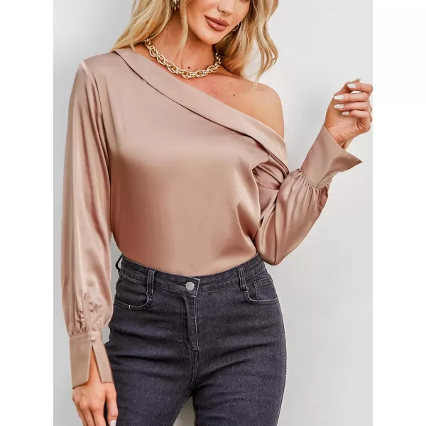 imageCUPSHE Women Blouses OneShoulder Top Long Sleeves Solid Tee Casual DressyBrown
