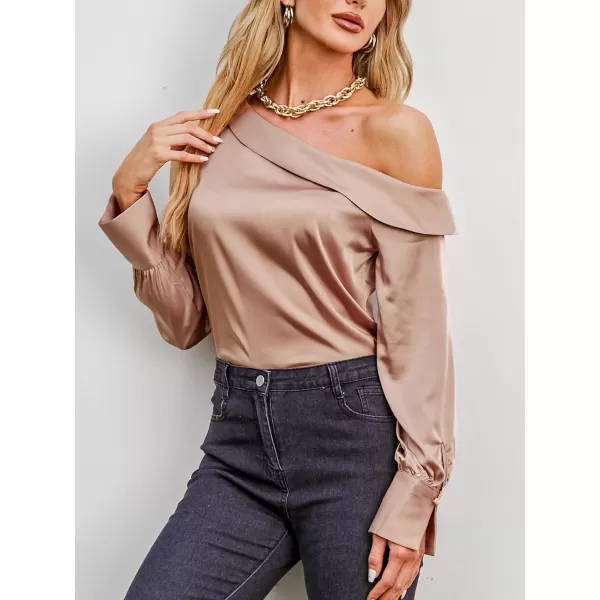 imageCUPSHE Women Blouses OneShoulder Top Long Sleeves Solid Tee Casual DressyBrown