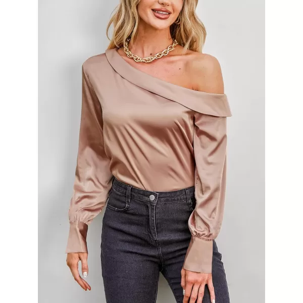 imageCUPSHE Women Blouses OneShoulder Top Long Sleeves Solid Tee Casual DressyBrown