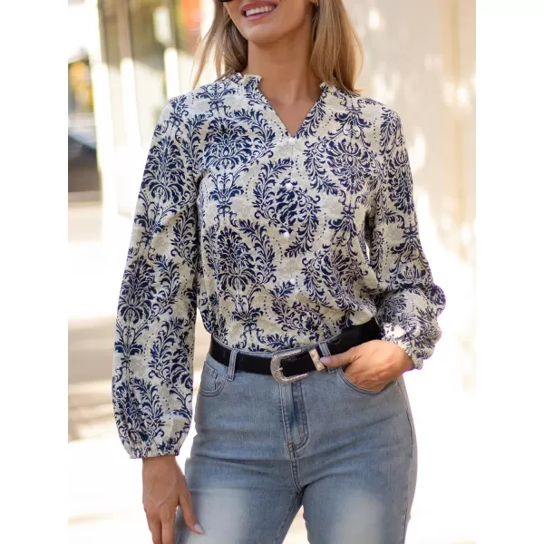 imageCUPSHE Women Blouses Ornate Print Button Front Top V Neck Long Sleeves ShirtsBlue