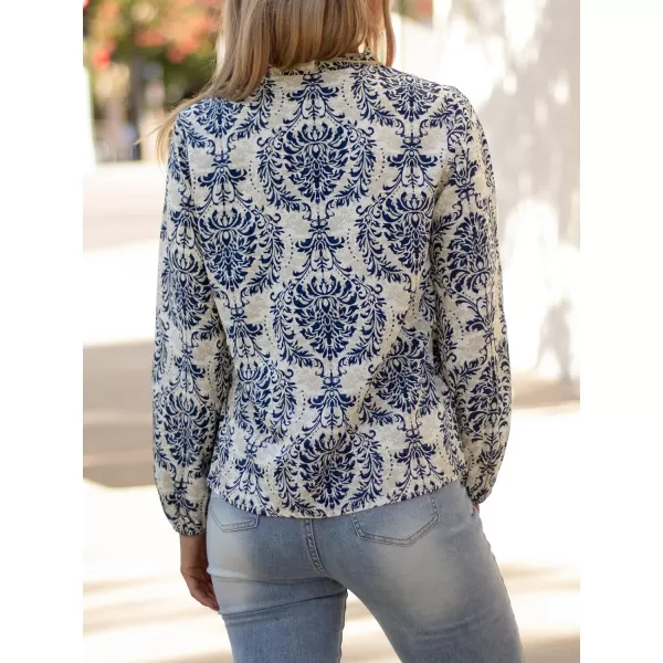 imageCUPSHE Women Blouses Ornate Print Button Front Top V Neck Long Sleeves ShirtsBlue