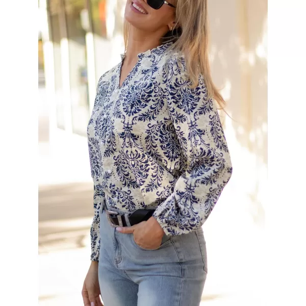 imageCUPSHE Women Blouses Ornate Print Button Front Top V Neck Long Sleeves ShirtsBlue
