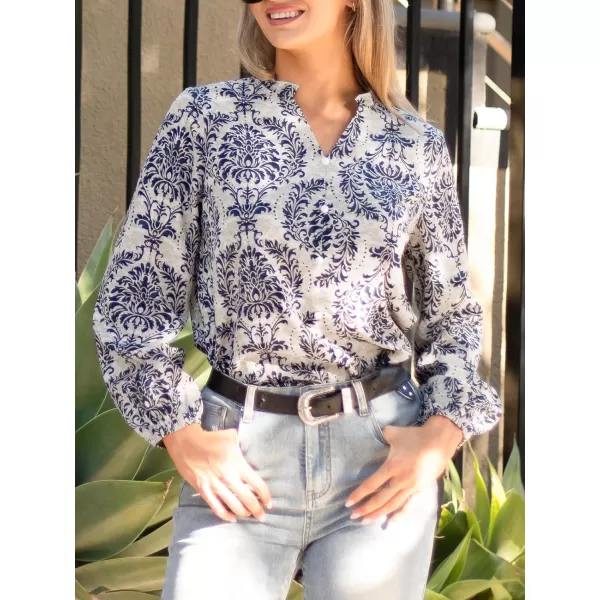 imageCUPSHE Women Blouses Ornate Print Button Front Top V Neck Long Sleeves ShirtsBlue