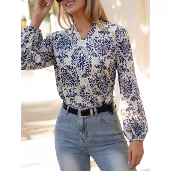 imageCUPSHE Women Blouses Ornate Print Button Front Top V Neck Long Sleeves ShirtsBlue