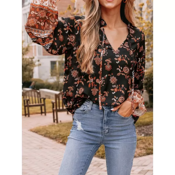 imageCUPSHE Women Blouses Paisley Floral Print Tie Neck Top Long Sleeves V Neck ShirtsBlack