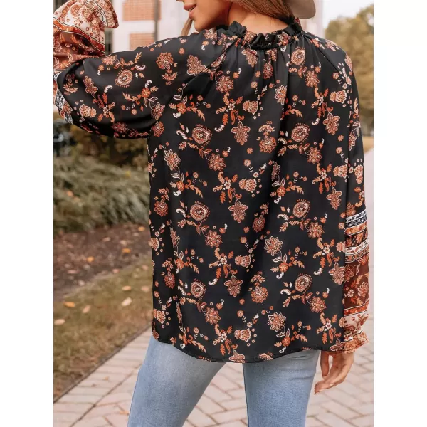 imageCUPSHE Women Blouses Paisley Floral Print Tie Neck Top Long Sleeves V Neck ShirtsBlack