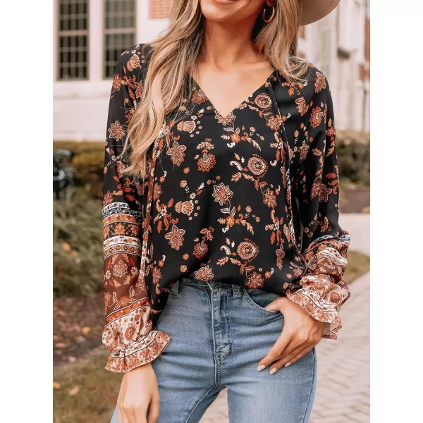imageCUPSHE Women Blouses Paisley Floral Print Tie Neck Top Long Sleeves V Neck ShirtsBlack