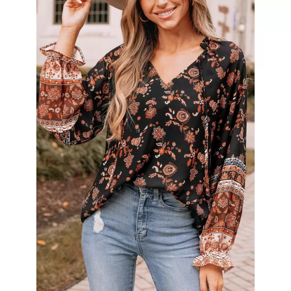 imageCUPSHE Women Blouses Paisley Floral Print Tie Neck Top Long Sleeves V Neck ShirtsBlack