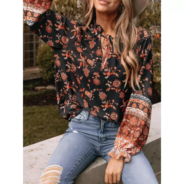 imageCUPSHE Women Blouses Paisley Floral Print Tie Neck Top Long Sleeves V Neck ShirtsBlack