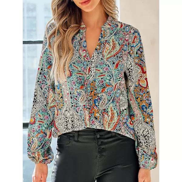imageCUPSHE Women Blouses Paisley Print Peasant Sleeve Top Long Sleeves V Neck Shirts Casual DressyGreen