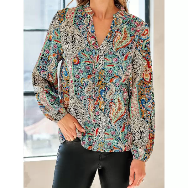 imageCUPSHE Women Blouses Paisley Print Peasant Sleeve Top Long Sleeves V Neck Shirts Casual DressyGreen